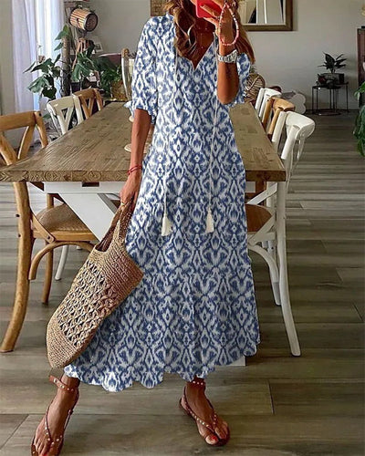 Andrea - Boho Vintage V-Neck Printed Dress